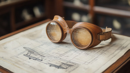 Leather aviator goggles rest on blueprints of the Wright Flyer creating a vintage and creative tribute to early aviation on Wright Brothers Dayの素材