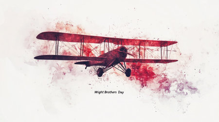 A minimalist watercolor illustration of the Wright Flyer aircraft capturing its essence in motion with Wright Brothers Day text beneathの素材