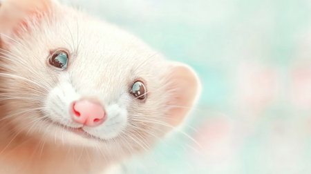 A closeup of a curious ferret with a soft white fur coat and bright eyes set against a pastel blue background, that enhances its playful expressionの素材