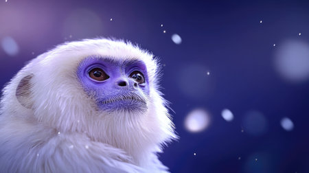 A closeup of a whitefurred monkey with a striking blue face against a dark snowy background capturing a tranquil winter momentの素材