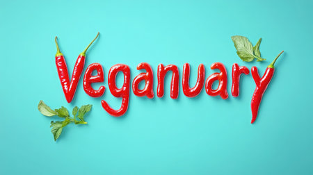 The word Veganuary crafted in a playful style using red chillies set against a vivid green background with scattered leavesの素材