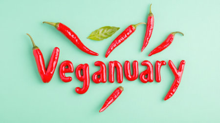 The word Veganuary crafted from vibrant red chillies on a contrasting green background creating an eyecatching and playful designの素材