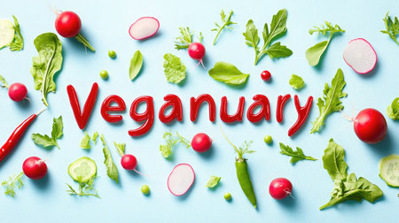 The word Veganuary is artfully arranged using red chillies radishes and leafy greens on a pastel tablecloth showcasing a colorful and playful themeの素材