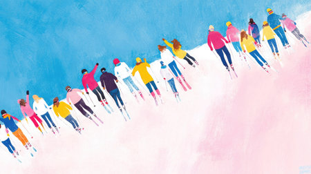 A vibrant scene on a gentle ski slope where beginners are practicing skiing under the guidance of instructors with a bright blue sky aboveの素材