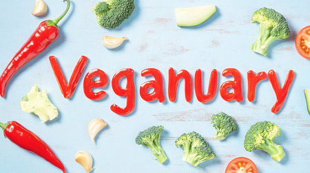 Whimsical Veganuary text formed with red chilies broccoli and tomatoes on a rustic kitchen table celebrating plantbased eatingの素材