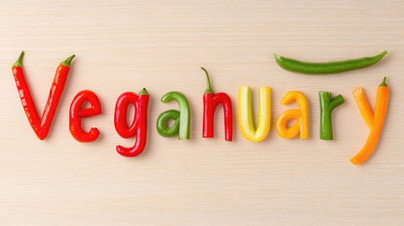 The word Veganuary is creatively formed using fresh vegetables like red chillies green beans and carrots on a light wooden backgroundの素材