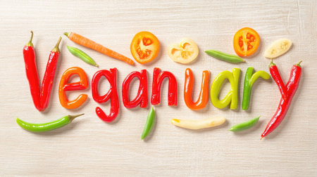 The word Veganuary crafted using vibrant vegetables like red chilies green beans and carrots on a light wooden background creating a playful designの素材
