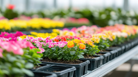 A colorful display of blooming flower seedlings in trays showcasing lush greenery and vibrant petals set in a tranquil spring garden environmentの素材