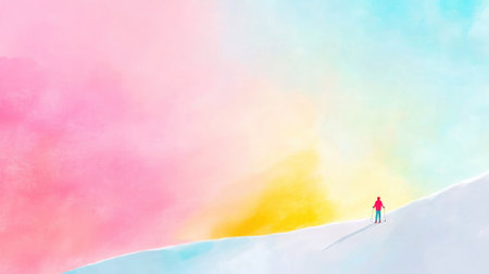 Minimalist watercolor art depicting skiers on a snowy mountain range blending serene pastel colors to capture the essence of winter sports excitementの素材