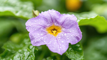 A detailed view of a light purple eggplant flower showcasing its goldenyellow center and delicate veins set against a softfocus background of green leavesの素材