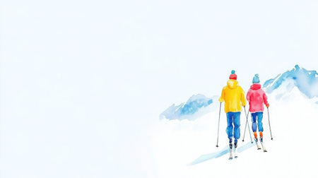 A serene watercolor illustration of a snowy mountain landscape featuring small figures skiing and snowboarding capturing the thrill of winter sportsの素材