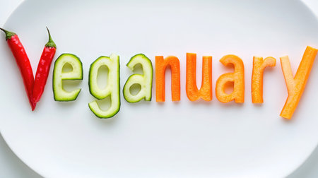 A large white ceramic plate displays the word Veganuary with each letter crafted from assorted vegetables highlighting healthy and fun eatingの素材