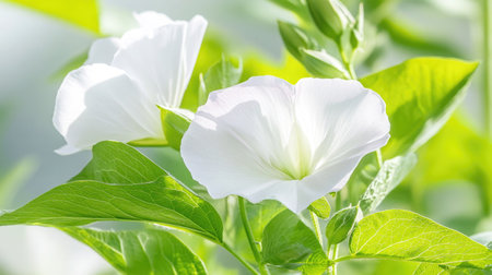 A closeup of a delicate white pea flower with soft pink edges surrounded by vibrant green leaves captured in a natural gardenの素材