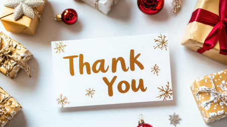 A Thank You card on a white table adorned with gold snowflakes surrounded by stylishly wrapped gifts and decorative elements in a Japandy styleの素材