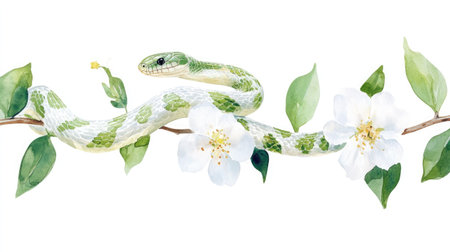 A minimalist watercolor illustration featuring a snake gracefully coiled around a blooming flower The composition highlights soft green and gold tones on a white backgroundの素材