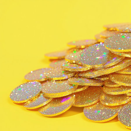 A D illustration of a pile of gold coins covered in shimmering glitter, featuring metallic highlights and vibrant gold and green tones against a minimal backgroundの素材