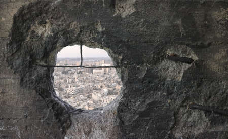 Burnt wall from a shell break in Syriaの写真素材
