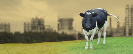 A cow grazes against the backdrop of an industrial urban area.の写真素材