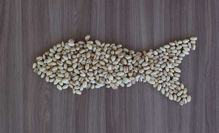 Pistachios are sprinkled on a table in the shape of a fish.の写真素材