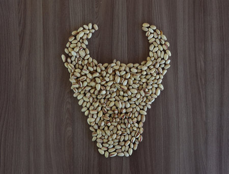 Pistachios sprinkled on a table in the shape of a bull's head.