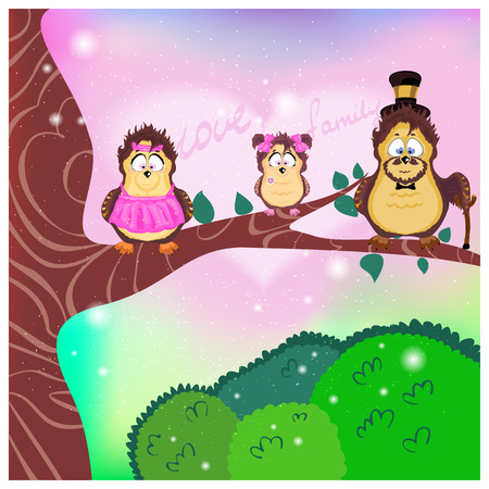 Family, Mom, Dad, Daughter On A Branch, The family of birds owls, father, mother and daughter sitting on a tree branch above the green grass in the fairy forestのイラスト素材