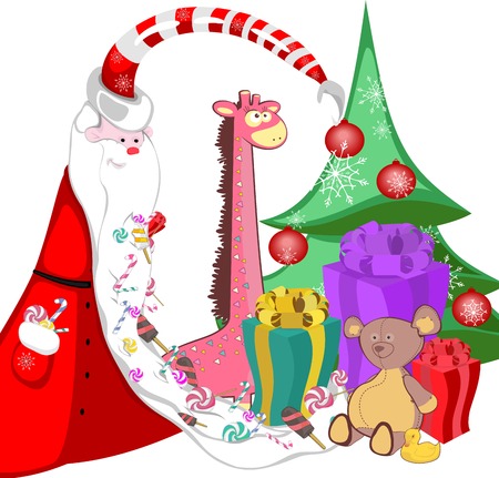Santa Claus with sweets in a long beard tree with toys and Christmas giftsのイラスト素材