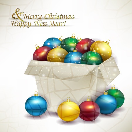 Paper box with colored Christmas balls on a delicate pink background of soft snow, and glare with sequinsのイラスト素材