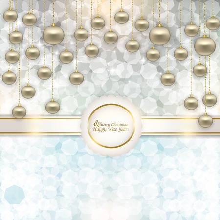 Christmas abstract background with glare, glitter and stylized balls for text hanging on a Golden thread tied in a bowのイラスト素材