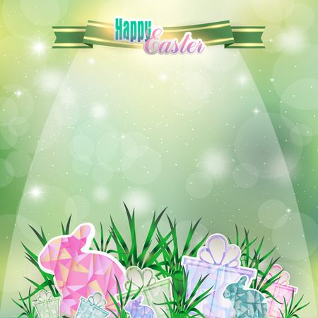 Abstract spring background with ribbon, Easter eggs and Bunny inのイラスト素材
