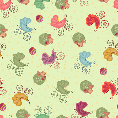 Color seamless children background of stars and colored strollers, toys. Baby seamless sets.のイラスト素材