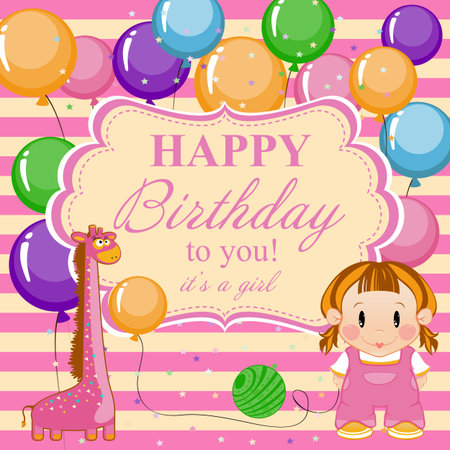 Little funny girl with toys and balloons. Greeting card for baby girl a happy Birthday.のイラスト素材