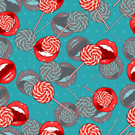 Abstract blue seamless background of candy and lips.のイラスト素材