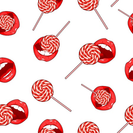 Abstract white seamless background of candy and lips.のイラスト素材
