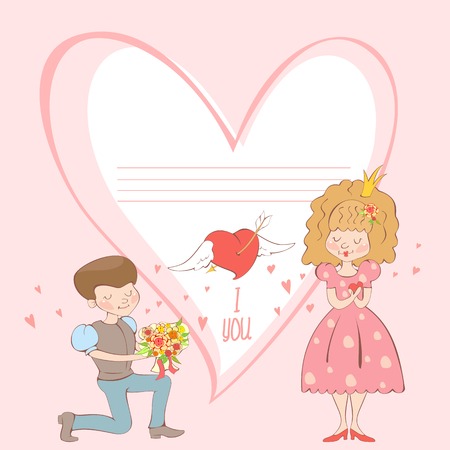 Lovers with frame for text, the young man gives a bouquet of flowers girls, confession of love.のイラスト素材