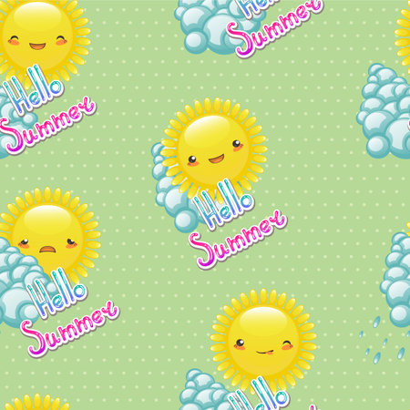 Seamless pattern of funny cartoon drawings of the sun with diffeのイラスト素材