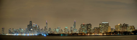 A panorama of the downtown Chicago skyline at night.の写真素材