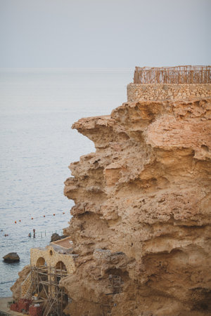 Split shot of the bright coral reef in Ras Muhammad National Park, Red Sea, Egyptの写真素材