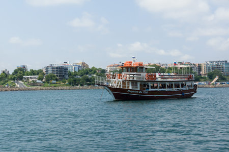 09 July 2014; Bulgaria, the Nessebar: illustration of the passenger ship in coastal watersのeditorial素材