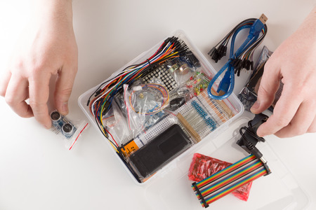 set of electronic details for creativity on a white backgroundの写真素材