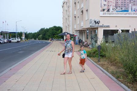 Nessebar, Bulgaria - JUNE 19, 2016: street New Nessebar emerging architecture and leisure travelers and locals people.のeditorial素材