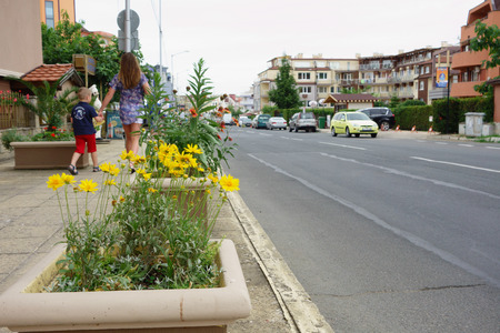 Nessebar, Bulgaria - JUNE 19, 2016: street New Nessebar emerging architecture and leisure travelers and locals people.のeditorial素材