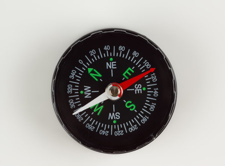 round magnetic compass with bright symbols lies on the table
