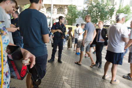 Barcelona, Spain - August 17, 2017: Terrorist act near the square of Catalonia. Tourists and locals...