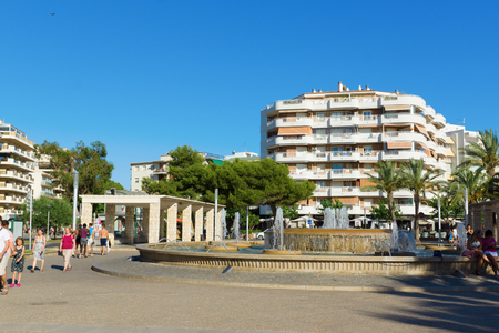 Salou, Spain - August 13, 2017: Salou is one of the largest tourist cities in Spain. Fountain on the "palm promenade."のeditorial素材