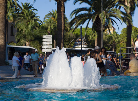 Salou, Spain - August 13, 2017: Salou is one of the largest tourist cities in Spain. On the main promenade there are many beautiful fountains.のeditorial素材