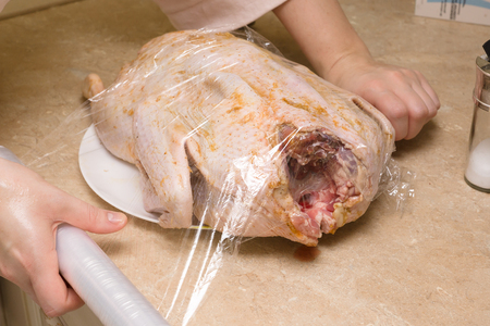 hostess is preparing a large fat duck for the festive tableの写真素材