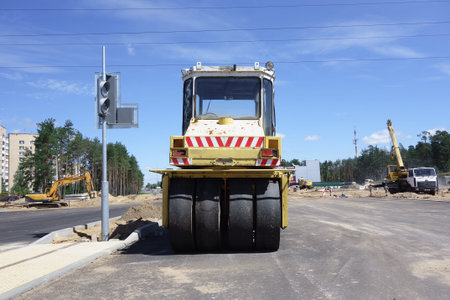 Borisov, Belarus - July 05, 2018: powerful road construction equipment on the construction of a...