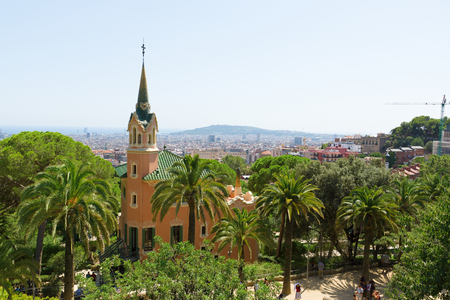 Barcelona, Spain - August 17, 2017: Aerial view on Gothic style building and Barcelona town from Guell Park.のeditorial素材