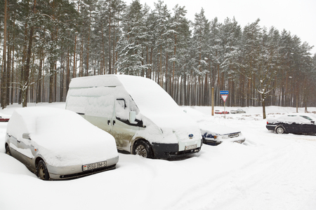 Borisov, Belarus - March 04, 2018: snow fell in March and created problems for motoristsのeditorial素材
