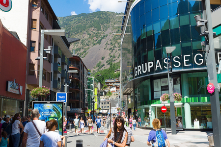 Andorra la Vella, Andorra - August 14, 2017: Andorra is the country with the smallest trade taxes. It is a tourist and commercial center of Europe.のeditorial素材